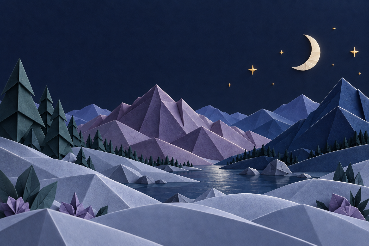 Folded-paper mountains under a night sky
